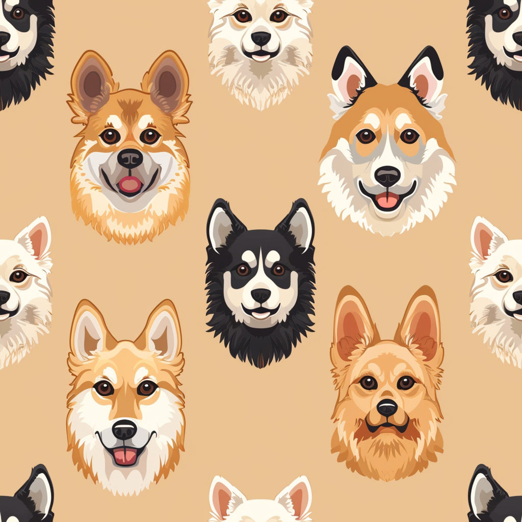 dog faces, canine portraits, beige background, tan background, cream colored, orange accents, black and white dogs, brown dogs, white dogs, cartoon style, cute expressions, happy dogs, smiling dogs, tongue out,, fabric panel, pet themed, animal pattern, friendly faces, playful mood