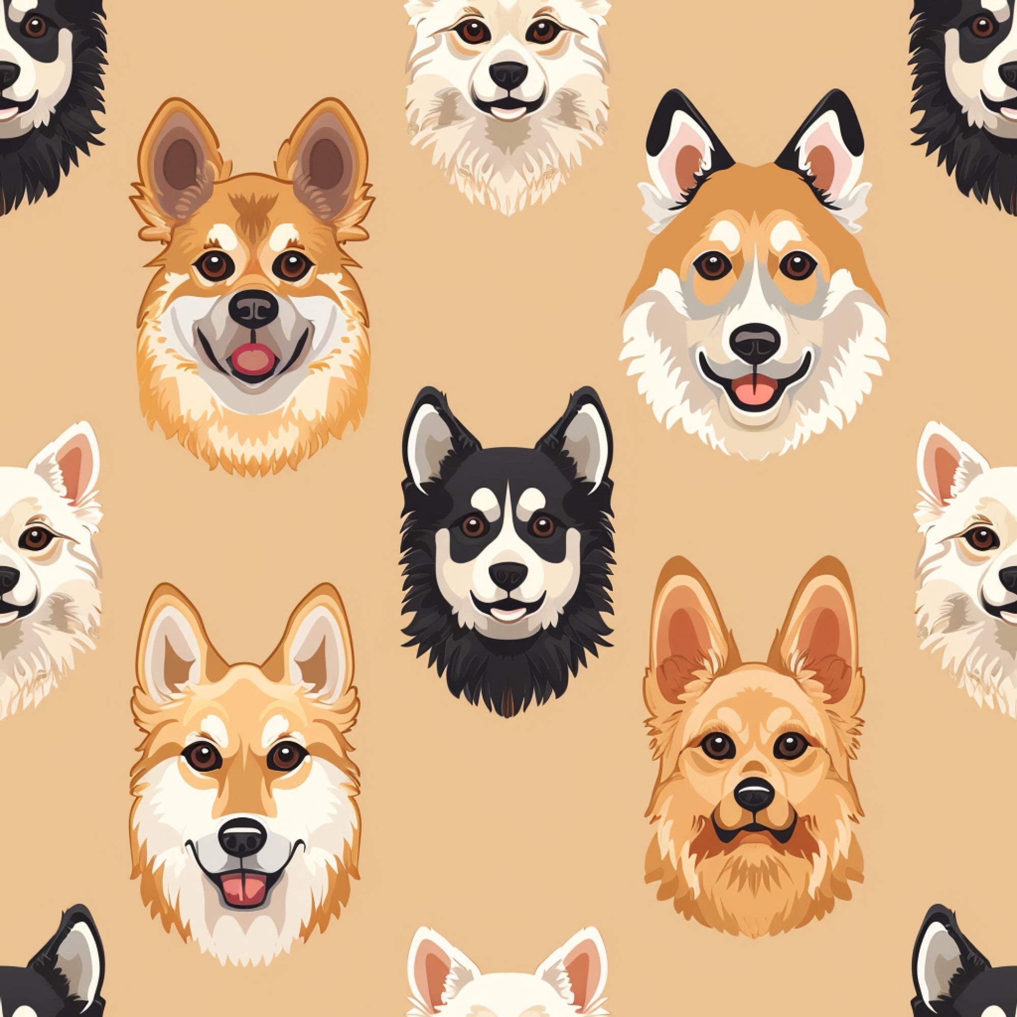 dog faces, canine portraits, beige background, tan background, cream colored, orange accents, black and white dogs, brown dogs, white dogs, cartoon style, cute expressions, happy dogs, smiling dogs, tongue out,, fabric panel, pet themed, animal pattern, friendly faces, playful mood