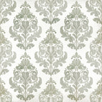 sage green, cream, damask, ornamental, baroque, victorian, elegant, traditional, classic, scroll motif, floral ornament, leafy design, symmetrical, sophisticated, vintage-inspired, formal, decorative, botanical, timeless, ornate, neutral palette, calming, soft green, pale green, grandmillennial, transitional style, home decor, upholstery, botanical ornament