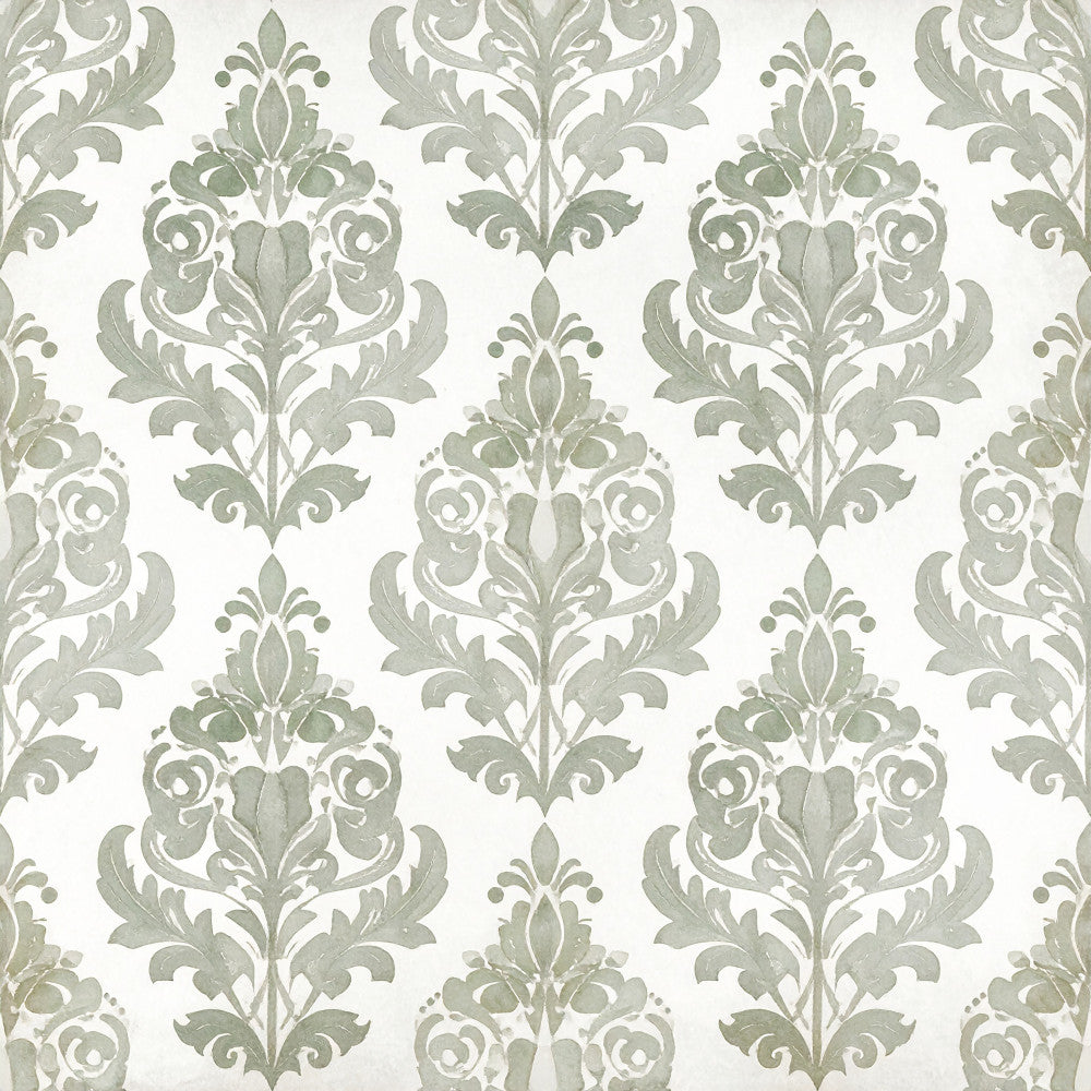 sage green, cream, damask, ornamental, baroque, victorian, elegant, traditional, classic, scroll motif, floral ornament, leafy design, symmetrical, sophisticated, vintage-inspired, formal, decorative, botanical, timeless, ornate, neutral palette, calming, soft green, pale green, grandmillennial, transitional style, home decor, upholstery, botanical ornament
