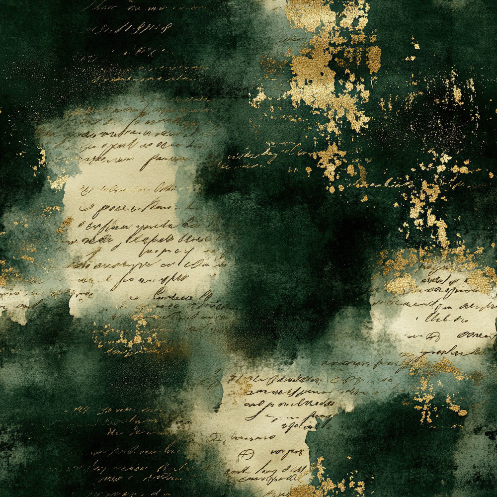forest green, dark green, sage green, cream, ivory, gold foil, metallic gold, vintage letters, cursive script, distressed, watercolor, aged paper, antique, elegant, sophisticated, classic, literary, stationery, handwritten, manuscript, historical, grunge, texture, romantic, timeless, scrapbook, ephemera, old world charm, nostalgic