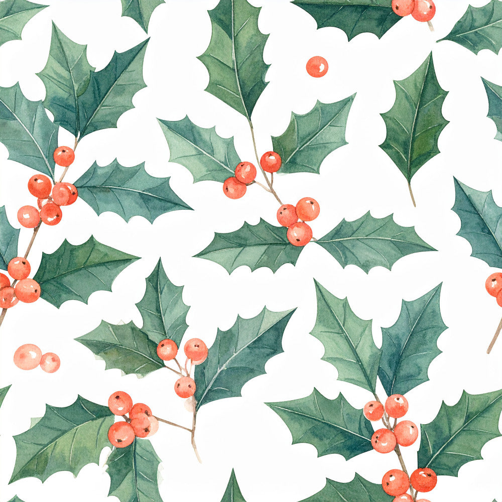 holly, christmas, holiday, festive, winter, evergreen, sage green, forest green, coral red, bright red, berry red, red berries, nature, botanical, traditional, classic, elegant, whimsical, seasonal, december, yuletide, holly leaves, holly berries, sprig, branch, natural, vintage, timeless, festive pattern, christmas theme
