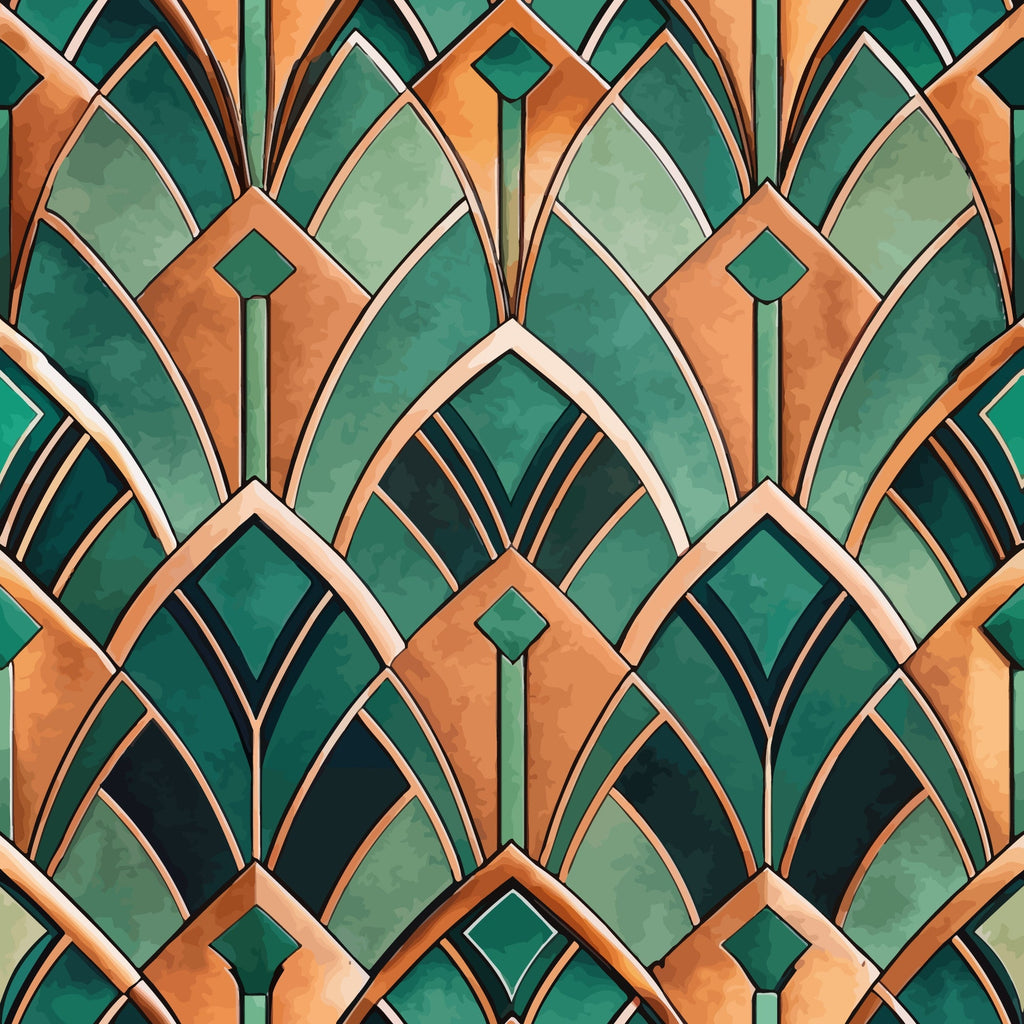 emerald green, copper orange, art deco, geometric pattern, fan motifs, radiating lines, symmetrical design, vintage style, 1920s inspired,, fabric panel, luxurious, sophisticated, repeating pattern, angular shapes, metallic tones, ornamental, decorative arches, jewel tones, retro modern