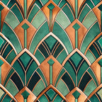 emerald green, copper orange, art deco, geometric pattern, fan motifs, radiating lines, symmetrical design, vintage style, 1920s inspired,, fabric panel, luxurious, sophisticated, repeating pattern, angular shapes, metallic tones, ornamental, decorative arches, jewel tones, retro modern
