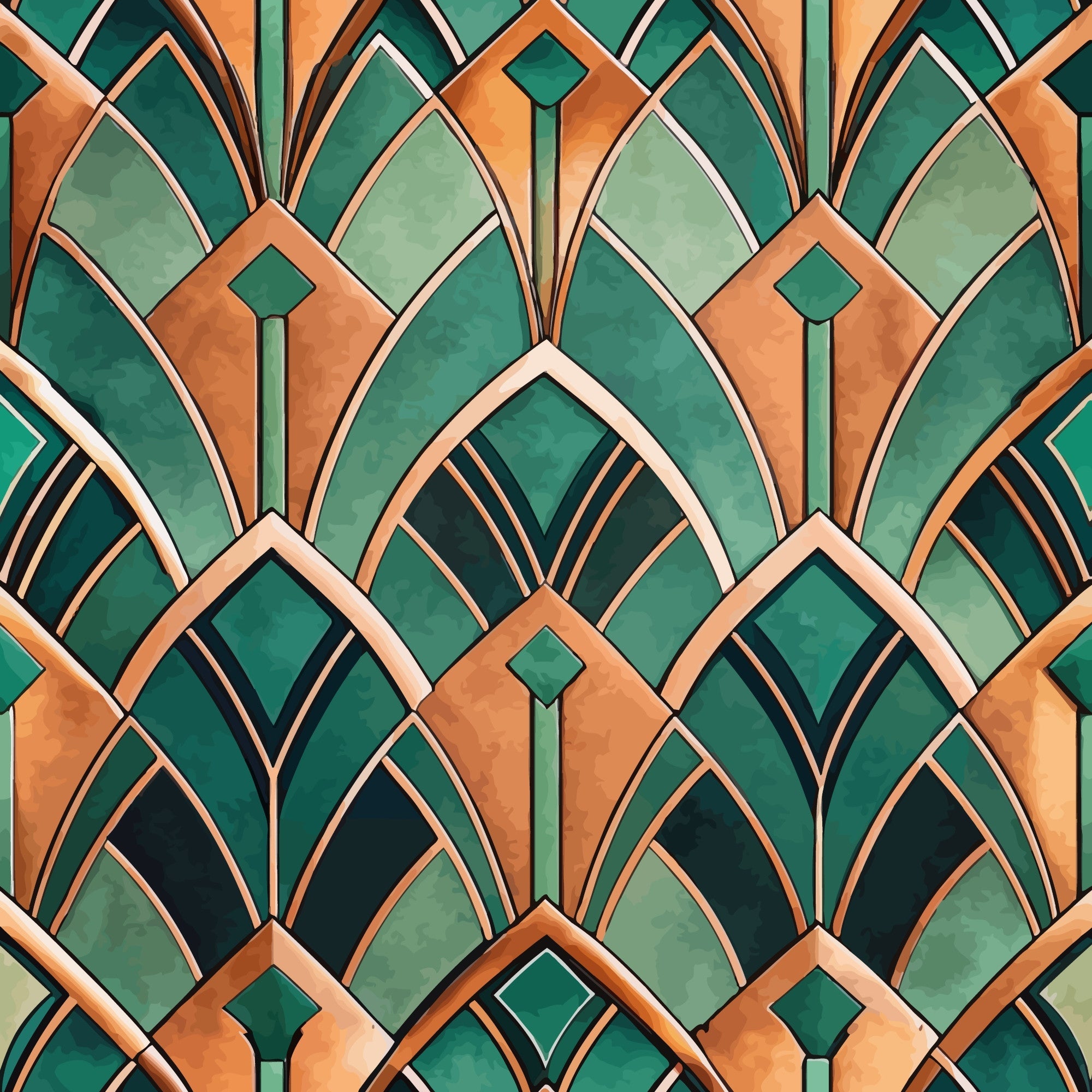 emerald green, copper orange, art deco, geometric pattern, fan motifs, radiating lines, symmetrical design, vintage style, 1920s inspired,, fabric panel, luxurious, sophisticated, repeating pattern, angular shapes, metallic tones, ornamental, decorative arches, jewel tones, retro modern