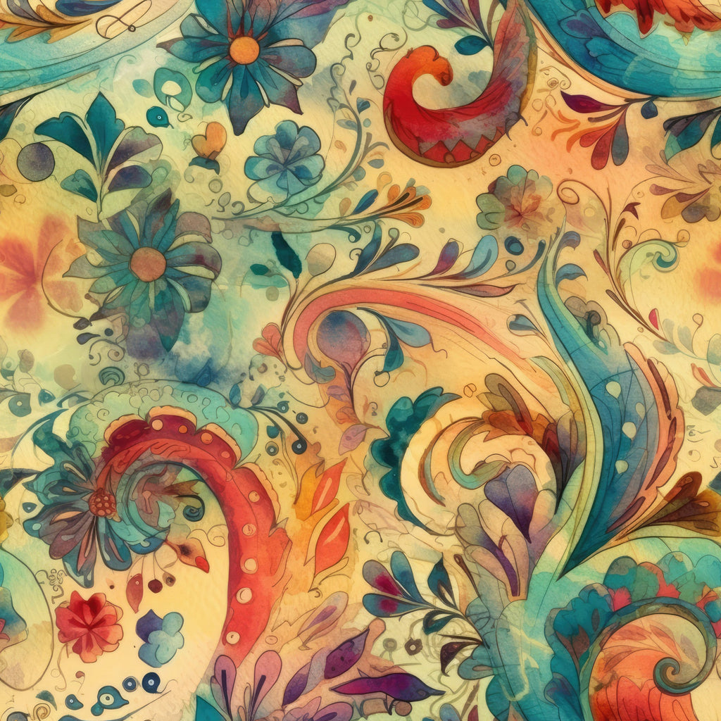 watercolor floral, swirling paisley, teal blue, coral orange, golden yellow, purple accents, flowing curves, organic shapes, botanical motifs, decorative flowers, whimsical swirls, fluid design, artistic pattern,, fabric panel, dreamy aesthetic, soft gradients, nature inspired, ornamental design, harmonious colors