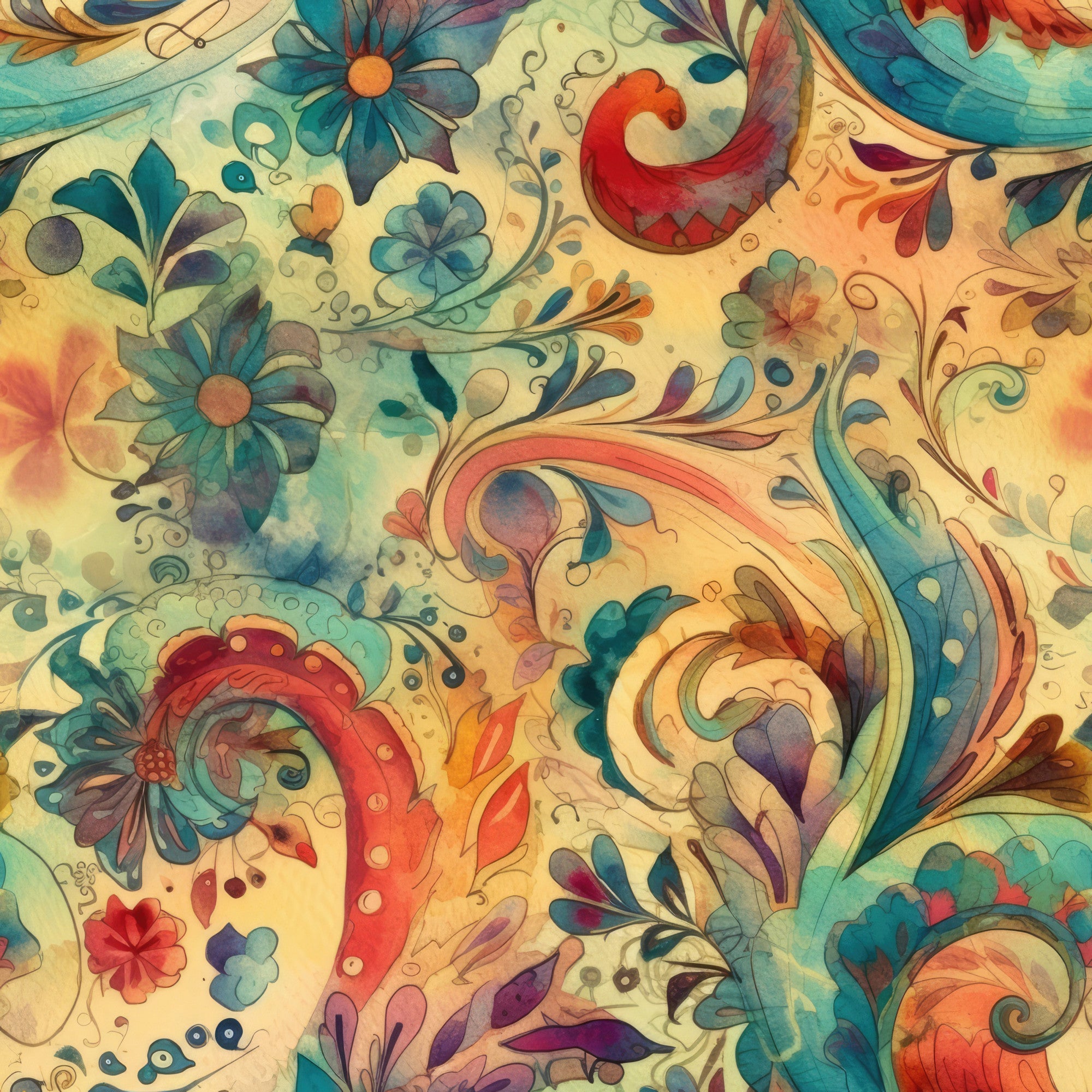 watercolor floral, swirling paisley, teal blue, coral orange, golden yellow, purple accents, flowing curves, organic shapes, botanical motifs, decorative flowers, whimsical swirls, fluid design, artistic pattern,, fabric panel, dreamy aesthetic, soft gradients, nature inspired, ornamental design, harmonious colors