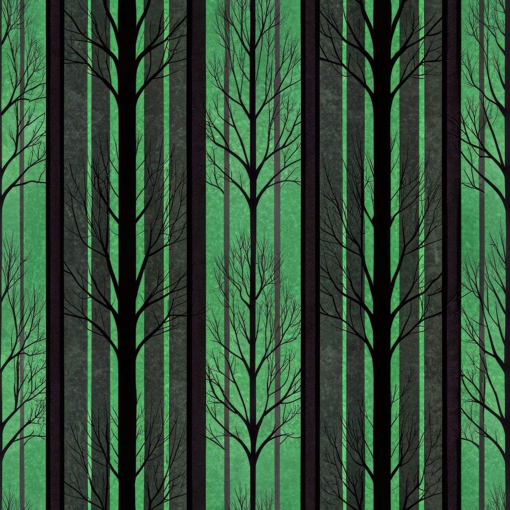 forest, trees, silhouettes, green, black, gray, stripes, vertical stripes, woodland, nature scene, bare branches, leafless trees,, fabric panel, mysterious mood, dark atmosphere, tree trunks, forest silhouette, emerald green, charcoal black