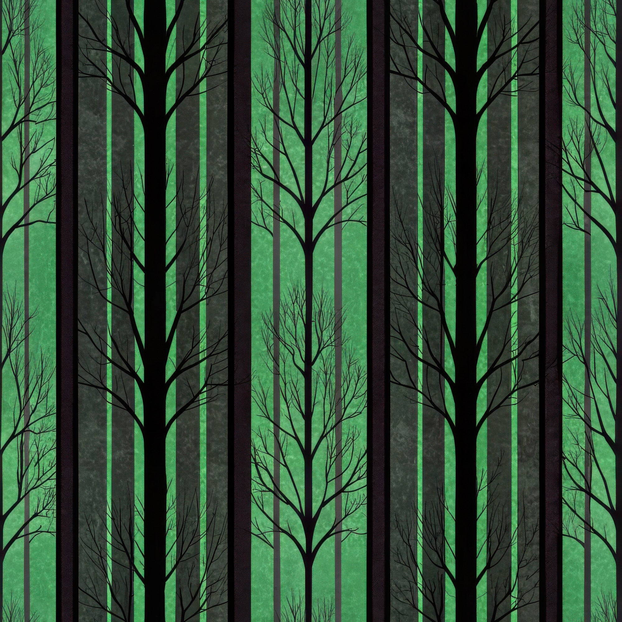 forest, trees, silhouettes, green, black, gray, stripes, vertical stripes, woodland, nature scene, bare branches, leafless trees,, fabric panel, mysterious mood, dark atmosphere, tree trunks, forest silhouette, emerald green, charcoal black