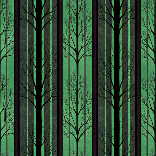 forest, trees, silhouettes, green, black, gray, stripes, vertical stripes, woodland, nature scene, bare branches, leafless trees,, fabric panel, mysterious mood, dark atmosphere, tree trunks, forest silhouette, emerald green, charcoal black