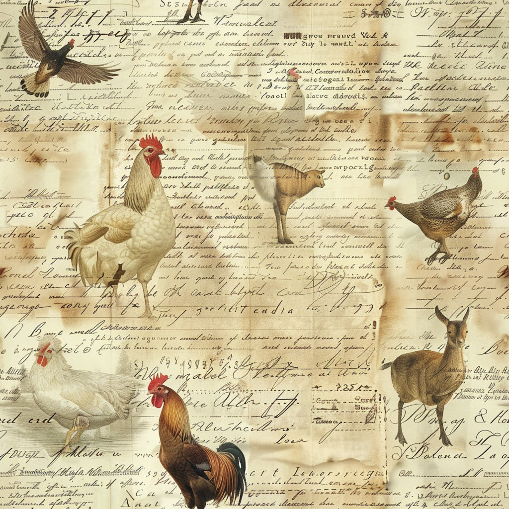 cream background, vintage script, farm animals, roosters, hens, chickens, goat, flying bird, handwritten text, sepia tones, brown ink,, fabric panel, rustic style, country theme, pastoral scene, aged parchment, nostalgic feel, farmyard illustration, antique manuscript