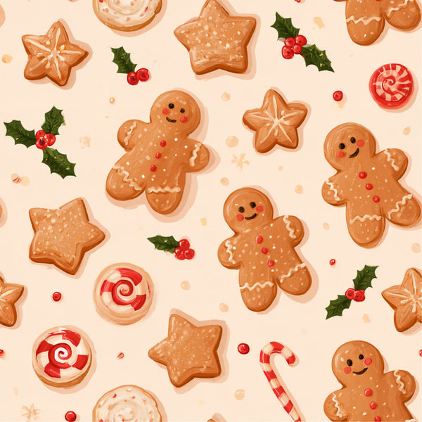 gingerbread, christmas, holiday, festive, cookies, candy canes, peppermint, holly berries, winter, cream, tan, brown, red, forest green, whimsical, playful, cheerful, cute, traditional, nostalgic, dessert, baking, gingerbread men, star cookies, lollipops, kids room, nursery, children's, playroom, seasonal