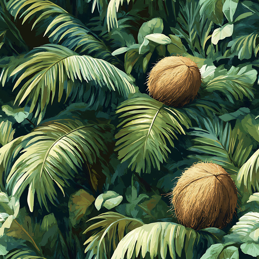 tropical leaves, coconut palm, jungle foliage, green shades, forest green, lime green, brown coconuts, botanical pattern, tropical paradise, lush vegetation, palm fronds, exotic plants, nature motif,, fabric panel, summer vibes, tropical theme, leafy design, coconut palms, vibrant greens