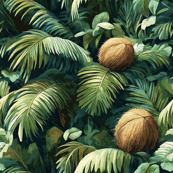 tropical leaves, coconut palm, jungle foliage, green shades, forest green, lime green, brown coconuts, botanical pattern, tropical paradise, lush vegetation, palm fronds, exotic plants, nature motif,, fabric panel, summer vibes, tropical theme, leafy design, coconut palms, vibrant greens