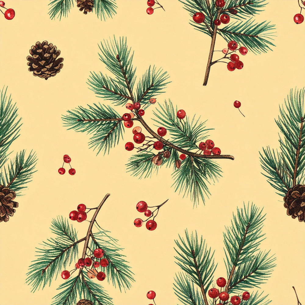 cream background, forest green, deep red, burgundy, evergreen branches, pinecones, berries, holiday, christmas, winter, nature, botanical, traditional, rustic, elegant, vintage, festive, seasonal, pine needles, red berries, natural elements, woodland, classic christmas, timeless, cozy, decorative, children's, nursery, kids room