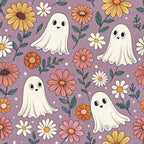 purple background, cute ghosts, daisy flowers, white flowers, pink flowers, yellow flowers, orange flowers, green leaves, polka dots, whimsical pattern, friendly ghosts, floral motifs, retro style, halloween theme,, fabric panel, cartoon style, cheerful design, autumn colors, spooky cute