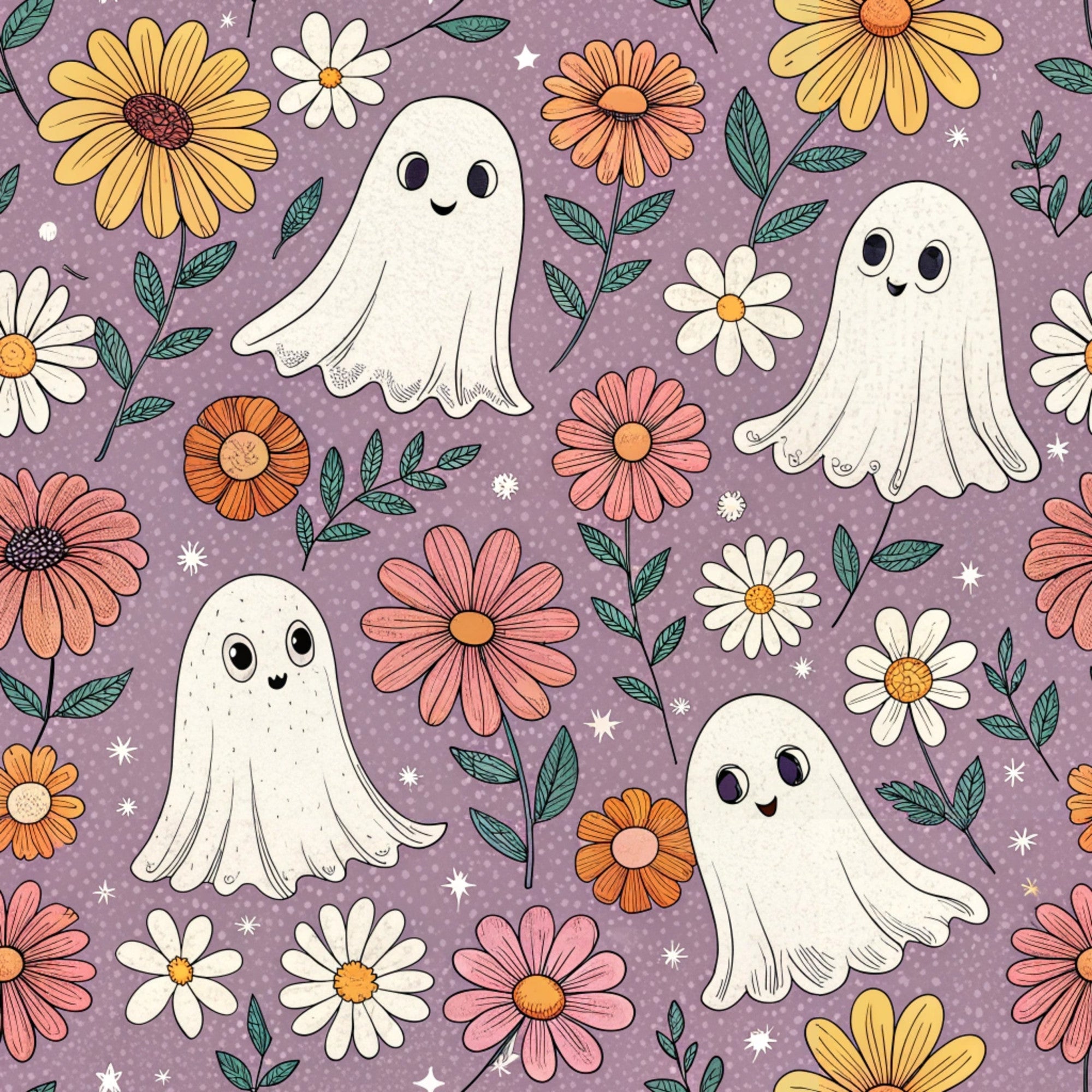 purple background, cute ghosts, daisy flowers, white flowers, pink flowers, yellow flowers, orange flowers, green leaves, polka dots, whimsical pattern, friendly ghosts, floral motifs, retro style, halloween theme,, fabric panel, cartoon style, cheerful design, autumn colors, spooky cute
