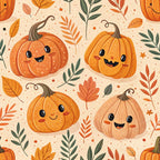 orange pumpkins, cute faces, autumn leaves, fall foliage, kawaii style,, fabric panel, seasonal pattern, harvest theme, smiling characters, warm colors, peach background, green leaves, brown stems, whimsical design, happy expressions, scattered dots, botanical elements, halloween motifs