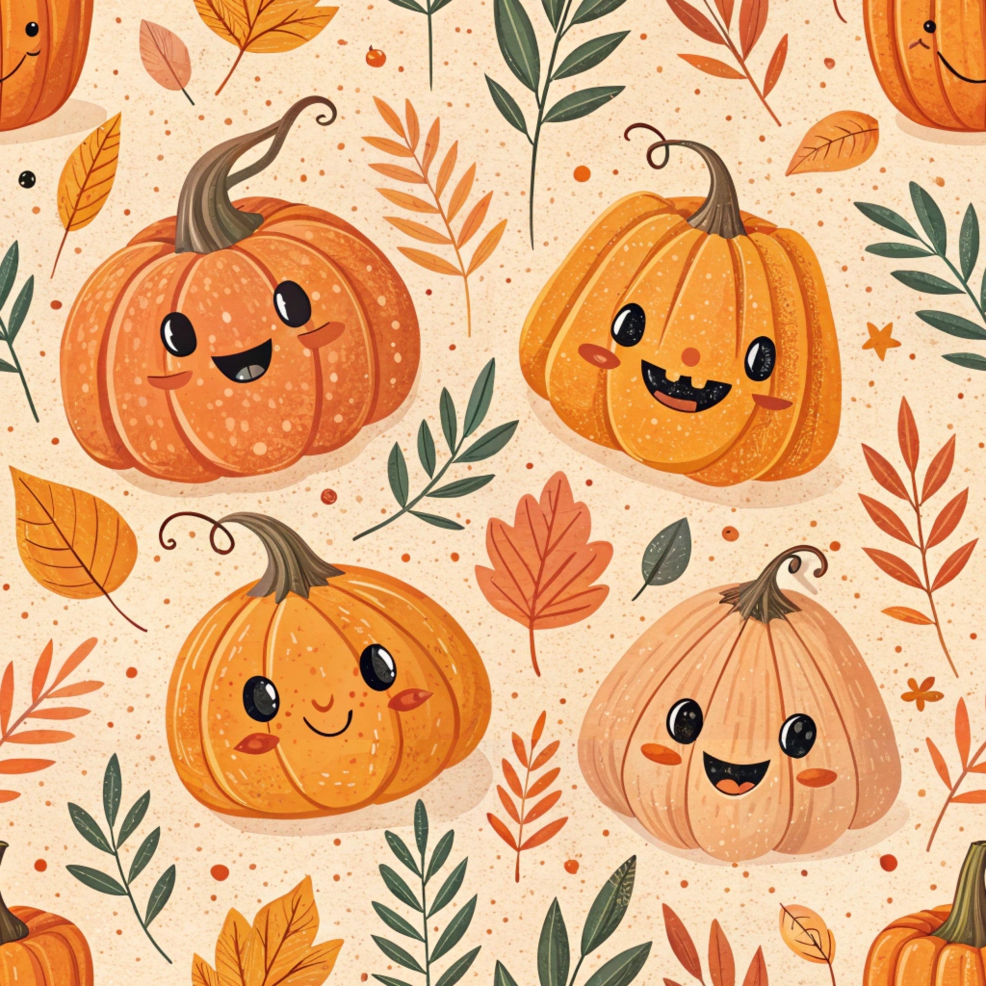 orange pumpkins, cute faces, autumn leaves, fall foliage, kawaii style,, fabric panel, seasonal pattern, harvest theme, smiling characters, warm colors, peach background, green leaves, brown stems, whimsical design, happy expressions, scattered dots, botanical elements, halloween motifs