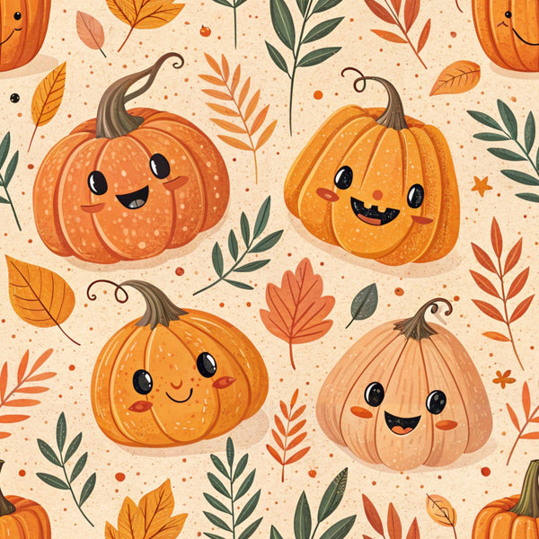 orange pumpkins, cute faces, autumn leaves, fall foliage, kawaii style,, fabric panel, seasonal pattern, harvest theme, smiling characters, warm colors, peach background, green leaves, brown stems, whimsical design, happy expressions, scattered dots, botanical elements, halloween motifs