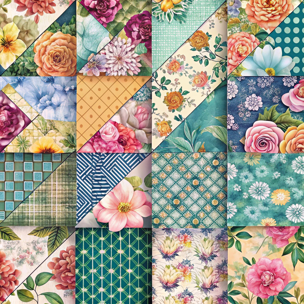 spring patchwork,, fabric panel, floral motifs, geometric patterns, coral pink, teal blue, sage green, burgundy, peach, lavender, roses, peonies, daisies, botanical designs, vintage style, cottage core, polka dots, diagonal stripes, diamond lattice, shabby chic, watercolor florals