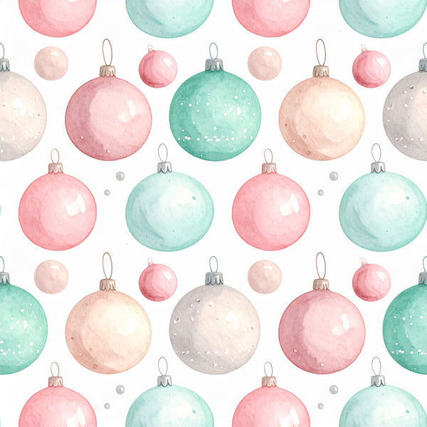 pastel pink, mint green, soft gray, blush, sage green, dusty rose, pearl, holiday, christmas, ornaments, baubles, festive, winter, whimsical, elegant, modern, nursery, playroom, kids room, baby shower, celestial ornaments, decorative balls, shiny spheres, metallic accents, sparkle, glitter details, soft watercolor, gentle, soothing, baby gift