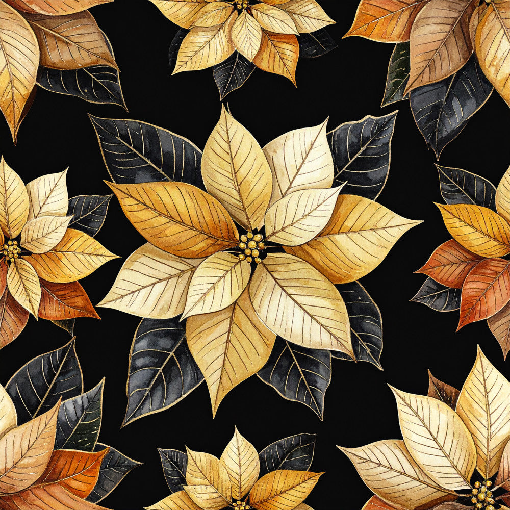 gold poinsettia, cream poinsettia, black background, rust orange, dark navy, golden yellow, ivory, autumn floral, winter floral, holiday botanical, christmas flowers, poinsettia pattern, elegant, luxurious, festive, traditional, botanical print, nature-inspired, seasonal, holiday decor, winter botanical, rich colors, metallic accents, detailed veining, sophisticated, nature lover
