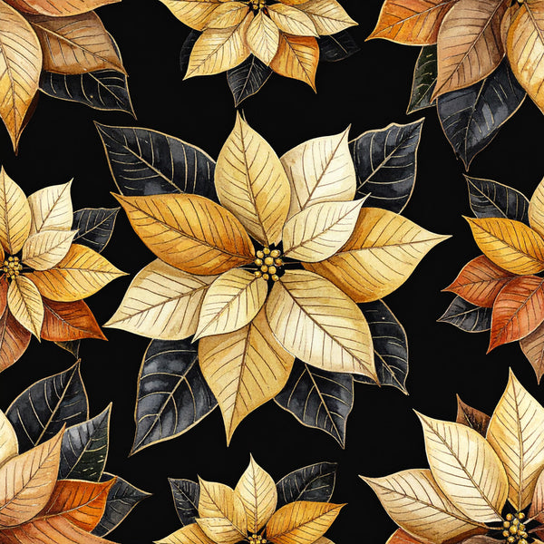 gold poinsettia, cream poinsettia, black background, rust orange, dark navy, golden yellow, ivory, autumn floral, winter floral, holiday botanical, christmas flowers, poinsettia pattern, elegant, luxurious, festive, traditional, botanical print, nature-inspired, seasonal, holiday decor, winter botanical, rich colors, metallic accents, detailed veining, sophisticated, nature lover