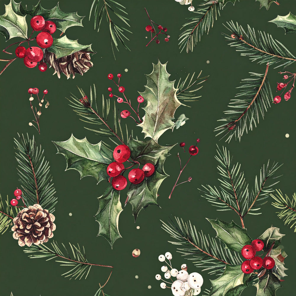 forest green, deep green, red berries, crimson red, white berries, cream, sage green, holiday, christmas, winter, floral, botanical, nature, traditional, elegant, rustic, festive, holly leaves, pine branches, evergreen, pinecones, berries, seasonal, decorative, vintage botanical, natural, timeless, classic holiday, wintertime, festive greenery