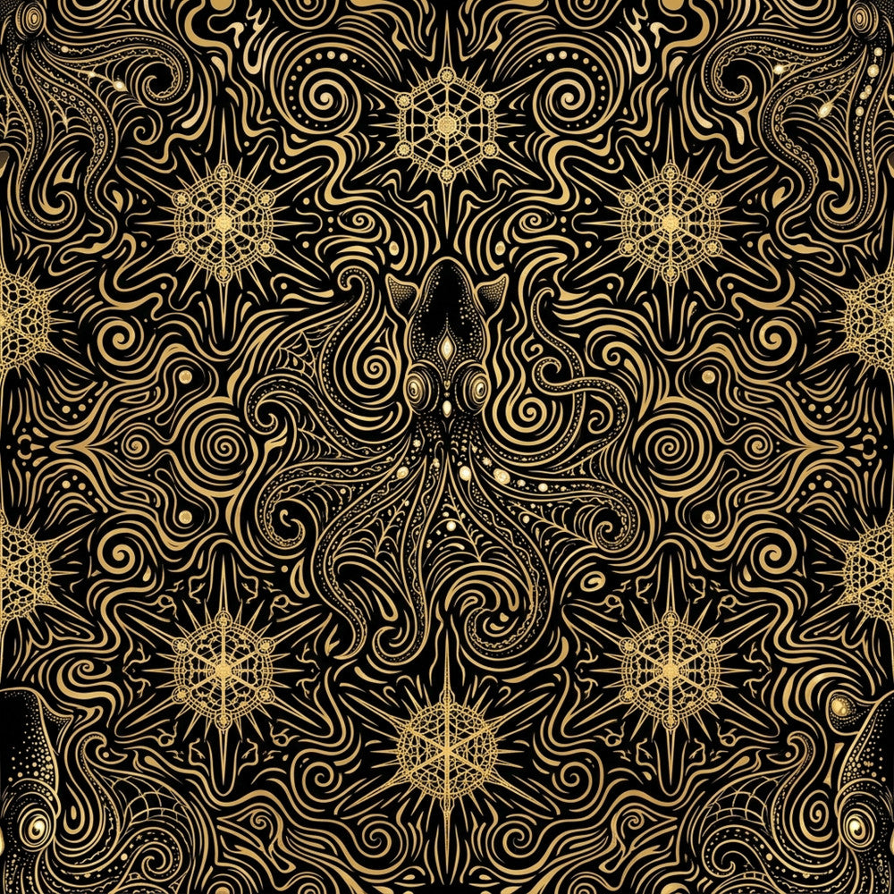gold, black, metallic gold, celestial, mandala, geometric, abstract, ornate, intricate, symmetrical, spiritual, mystical, bohemian, elegant, luxurious, modern, decorative, wheels, spirals, swirls, octopus, tentacles, ornamental, meditation, zen, mystical creatures, sophisticated, upscale