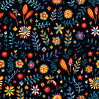 mexican floral, folk art, vibrant flowers, black background, red blooms, blue leaves, yellow petals, orange accents, colorful botanical, decorative motifs,, fabric panel, festive pattern, bright colors, floral scatter, artistic blooms, craft fabric, sewing material