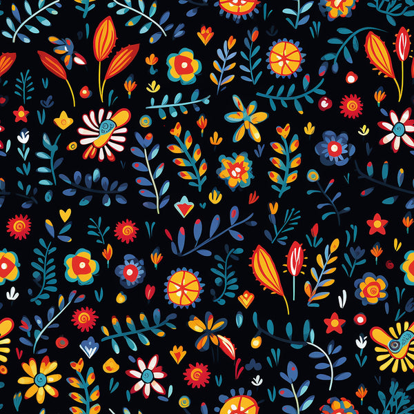 mexican floral, folk art, vibrant flowers, black background, red blooms, blue leaves, yellow petals, orange accents, colorful botanical, decorative motifs,, fabric panel, festive pattern, bright colors, floral scatter, artistic blooms, craft fabric, sewing material
