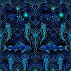 neon blue, cyan, electric blue, navy blue, glow in the dark, bioluminescent, ocean, underwater, nautical, marine life, fish, jellyfish, anglerfish, deep sea, celestial, geometric, art deco, modern, futuristic, neon glow, glowing accents, tropical, aquatic, ocean creatures, symmetrical, intricate, detailed, glowing eyes, fantasy, otherworldly