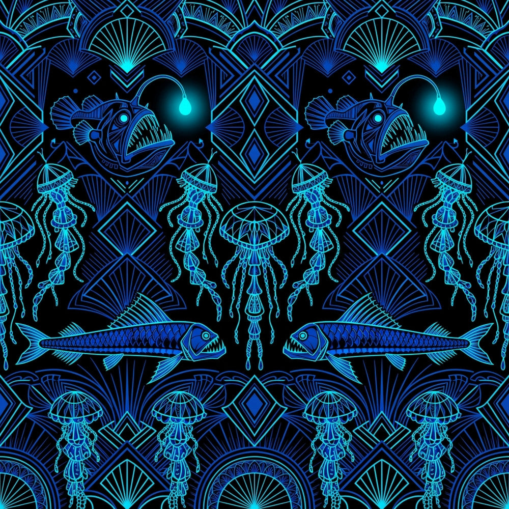 neon blue, cyan, electric blue, navy blue, glow in the dark, bioluminescent, ocean, underwater, nautical, marine life, fish, jellyfish, anglerfish, deep sea, celestial, geometric, art deco, modern, futuristic, neon glow, glowing accents, tropical, aquatic, ocean creatures, symmetrical, intricate, detailed, glowing eyes, fantasy, otherworldly