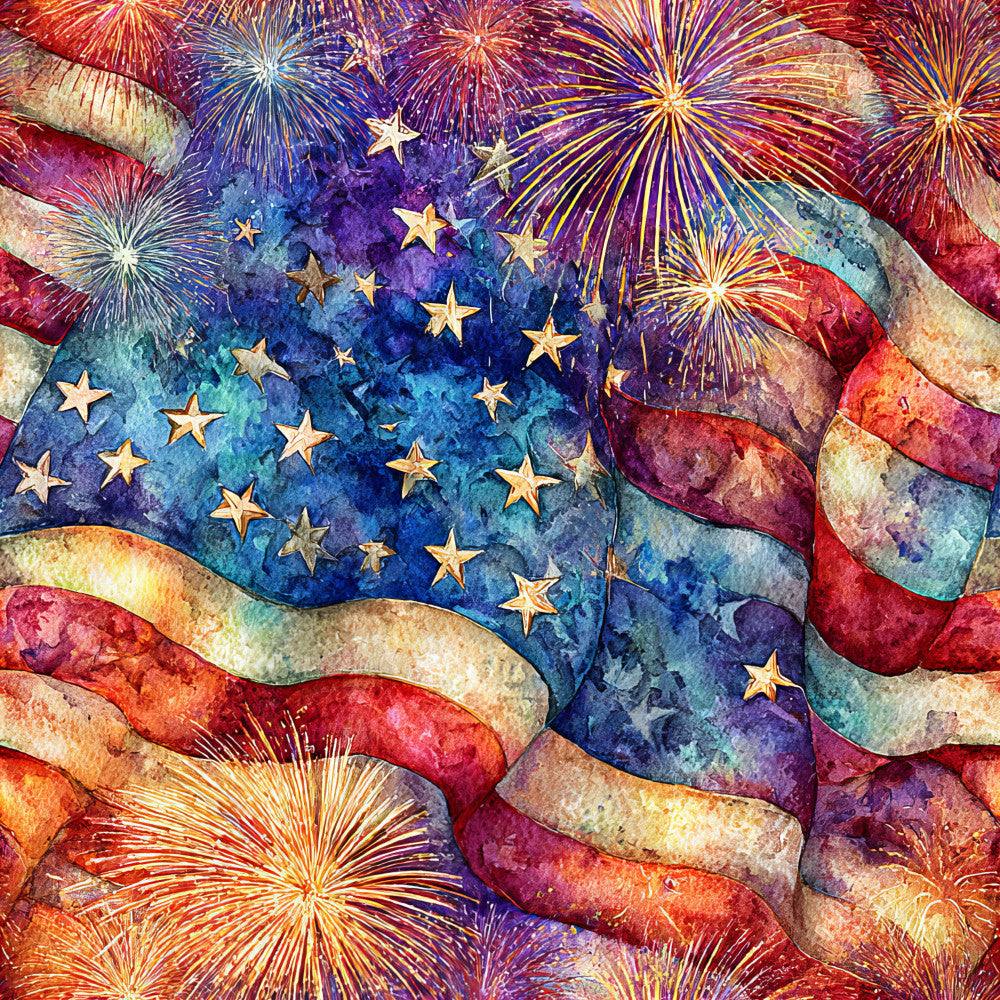 patriotic, american flag, fireworks, stars, red white and blue, navy blue, gold stars, watercolor, fourth of july, independence day, celebration, festive, vibrant, bold colors, red stripes, cream stripes, firework bursts, patriotic theme, holiday, summer, independence, stars and stripes, multicolor, artistic, whimsical, playroom, kids room, patriotic decor