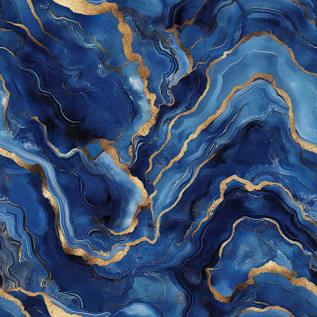 royal blue, navy blue, gold, bronze, copper, agate pattern, geode design, marble veining, fluid swirls, organic curves, mineral formation, luxurious texture, flowing lines, crystalline structure,, fabric panel, geological inspired, abstract design, metallic accents, natural stone effect
