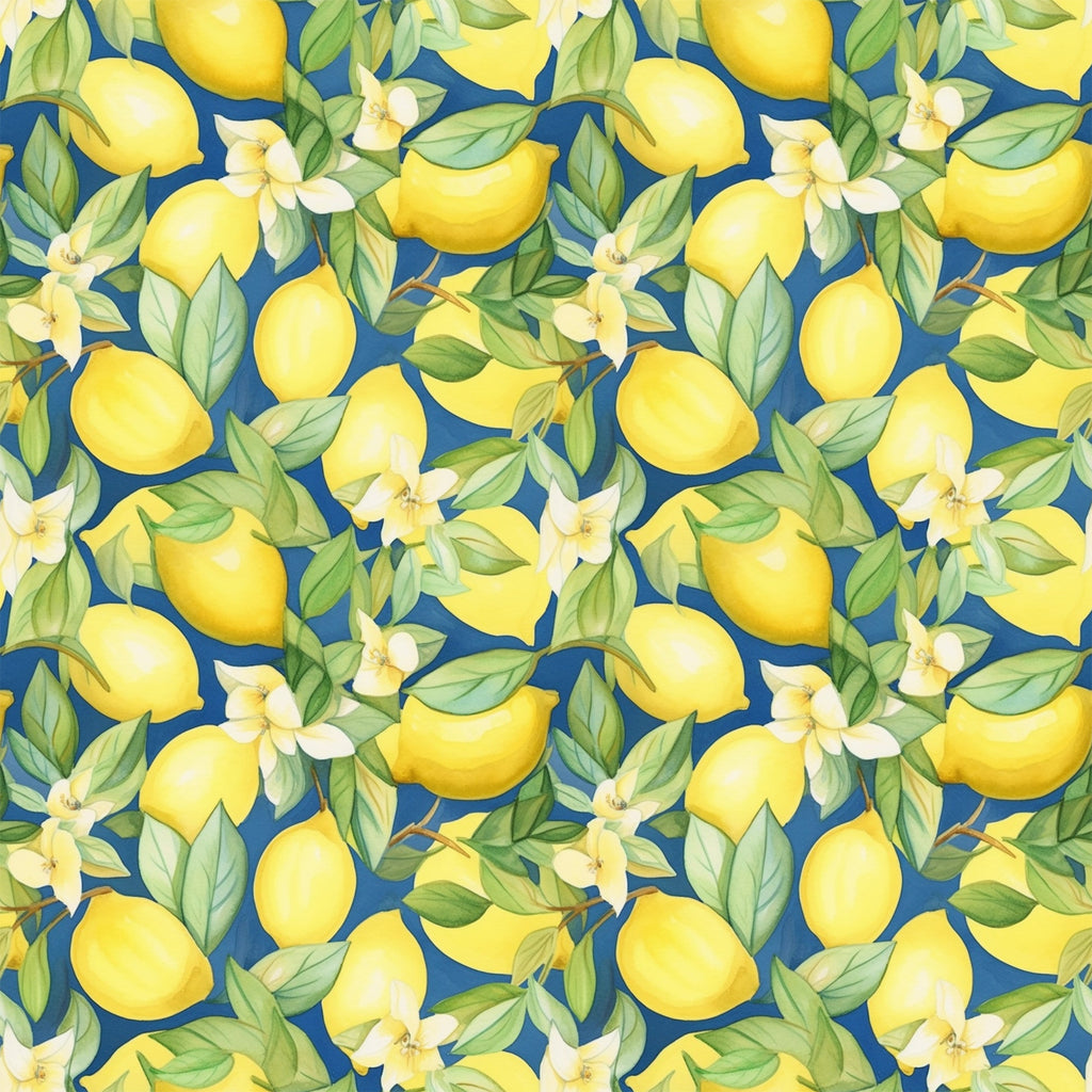 yellow lemons, blue background, citrus fruits, white blossoms, green leaves, botanical pattern, repeating design, bright colors, fresh fruit, lemon tree, floral elements, summer theme,, fabric panel, cheerful mood, citrus grove, natural motifs, vibrant yellow, navy blue, tropical feel