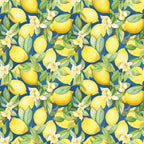 yellow lemons, blue background, citrus fruits, white blossoms, green leaves, botanical pattern, repeating design, bright colors, fresh fruit, lemon tree, floral elements, summer theme,, fabric panel, cheerful mood, citrus grove, natural motifs, vibrant yellow, navy blue, tropical feel