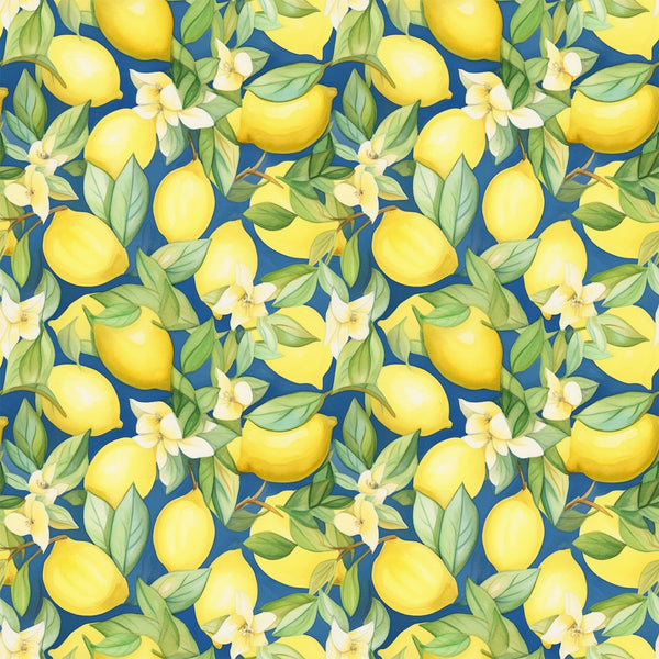 yellow lemons, blue background, citrus fruits, white blossoms, green leaves, botanical pattern, repeating design, bright colors, fresh fruit, lemon tree, floral elements, summer theme,, fabric panel, cheerful mood, citrus grove, natural motifs, vibrant yellow, navy blue, tropical feel