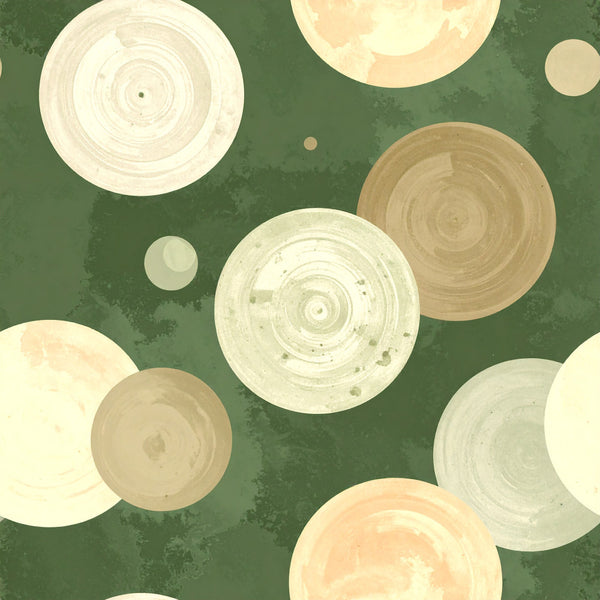 forest green, sage green, cream, ivory, beige, tan, taupe, peachy, concentric circles, circular pattern, abstract, modern, organic, nature-inspired, minimalist, geometric, celestial, moon phases, botanical, earthy tones, neutral palette, soft colors, calming, contemporary, artistic, wood grain, tree rings, nursery, baby room, gender-neutral