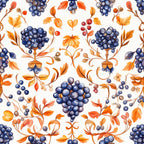 navy blue, orange, autumn leaves, grape clusters, vineyard motif, botanical pattern, watercolor style,, fabric panel, wine theme, decorative swirls, harvest season, ornamental design, repeating pattern, floral elements, burgundy accents, elegant motifs, nature inspired, craft fabric, seamless design