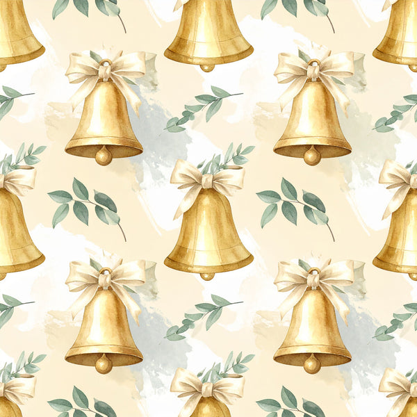 gold bells, cream background, ivory, champagne, sage green, eucalyptus, golden yellow, metallic gold, christmas, holiday, festive, elegant, traditional, vintage, decorative bows, ribbon bows, bell motifs, greenery, leaves, winter, seasonal, formal, classic, luxury, sophisticated, celebration, religious, festive decor, premium