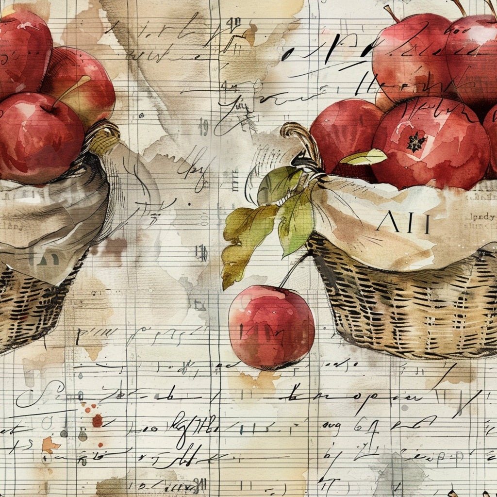 red apples, wicker baskets, vintage script, handwritten text, watercolor style, farm fresh, harvest theme, botanical illustration, cream background, rustic charm,, fabric panel, autumn colors, country living, orchard scene, nostalgic artwork, aged paper, natural elements, soft textures, farming motifs