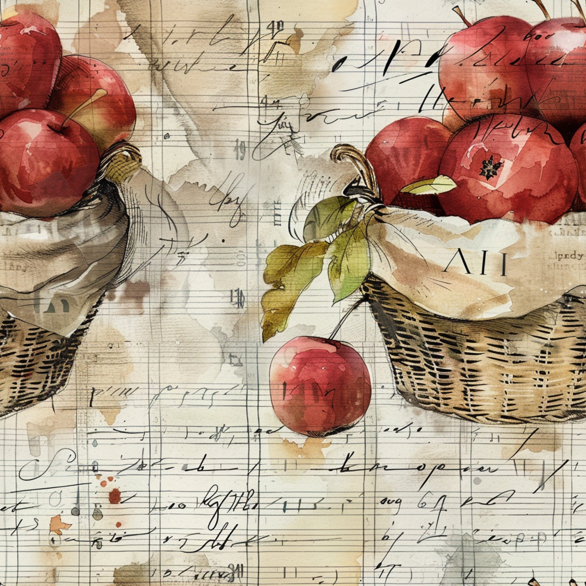 red apples, wicker baskets, vintage script, handwritten text, watercolor style, farm fresh, harvest theme, botanical illustration, cream background, rustic charm,, fabric panel, autumn colors, country living, orchard scene, nostalgic artwork, aged paper, natural elements, soft textures, farming motifs