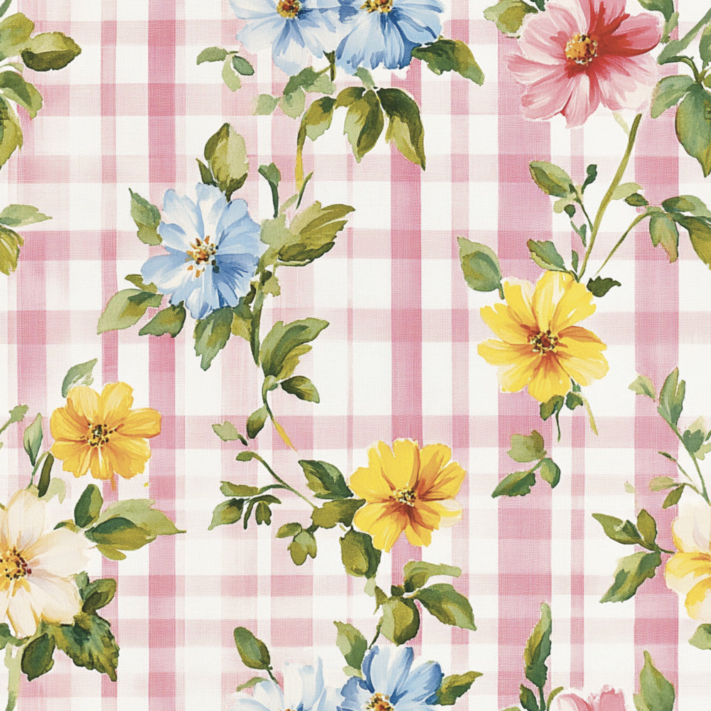 pink gingham, white gingham, blue flowers, yellow flowers, pink flowers, red flowers, cottage floral, checkered pattern, daisy, cosmos, gerbera, spring flowers, summer flowers, garden flowers, vintage floral, farmhouse style, traditional floral, pastoral, romantic, country cottage, shabby chic, soft pink, sky blue, butter yellow, cream white, green leaves, botanical, nature inspired, whimsical floral