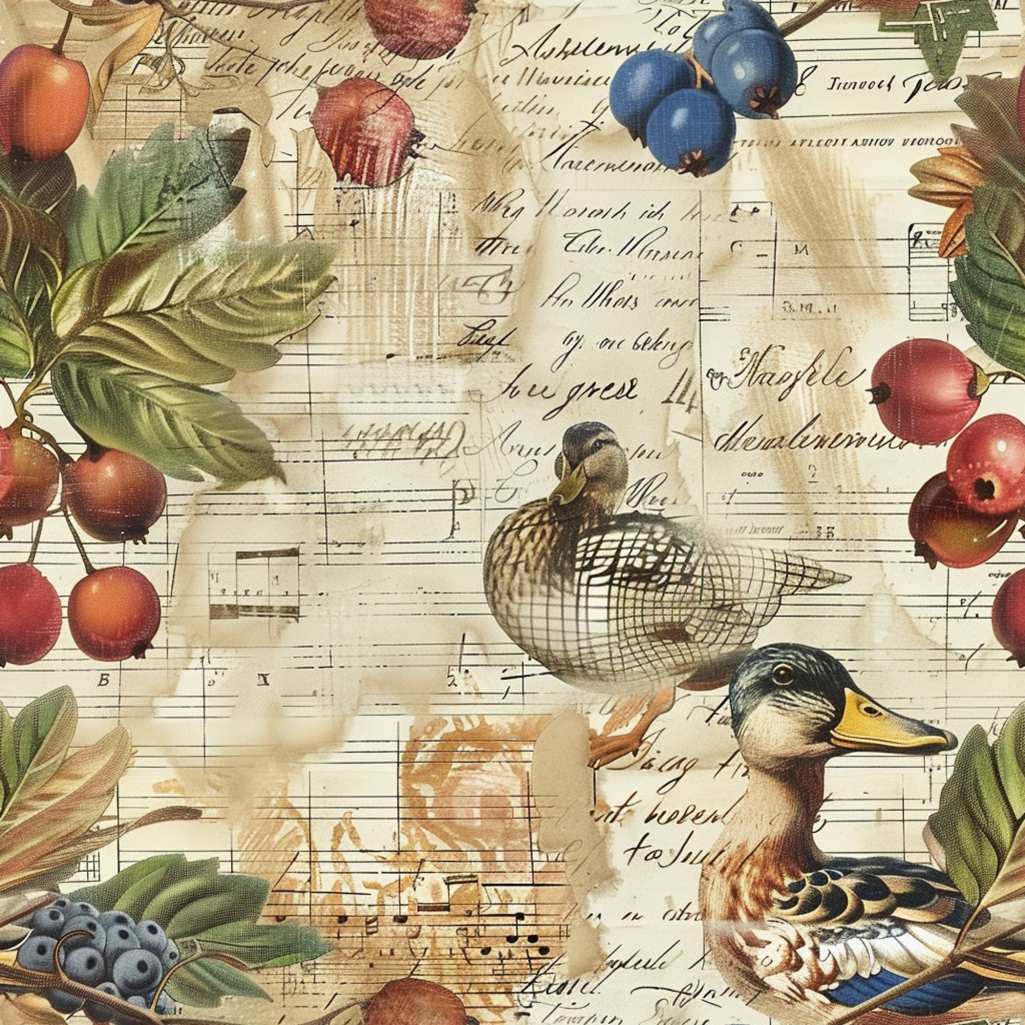 farm life, ducks, waterfowl, berries, fruits, cherries, blueberries, sheet music, musical notes, vintage style, botanical elements, green leaves, red berries, blue accents, brown tones, cream background,, fabric panel, nature motifs, country theme, rustic design, antique manuscript