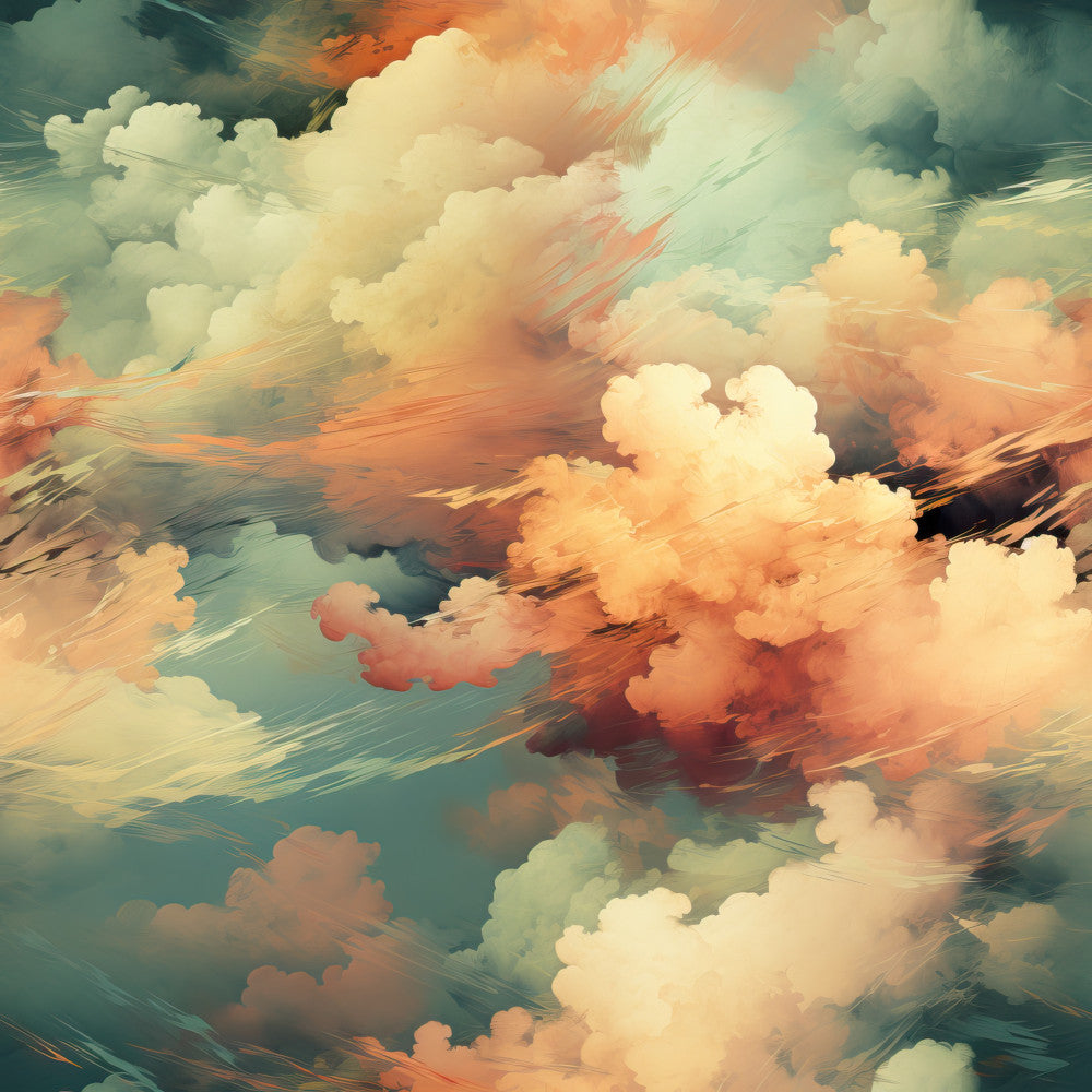 clouds, sky, celestial, dreamy, pastel peach, soft orange, cream, ivory, sage green, teal, watercolor, abstract, painterly, sunset, sunrise, ethereal, whimsical, peaceful, calming, nature-inspired, atmospheric, fluffy clouds, romantic, soft pastels, artistic, impressionist style, nursery, kids room, baby shower, magical sky