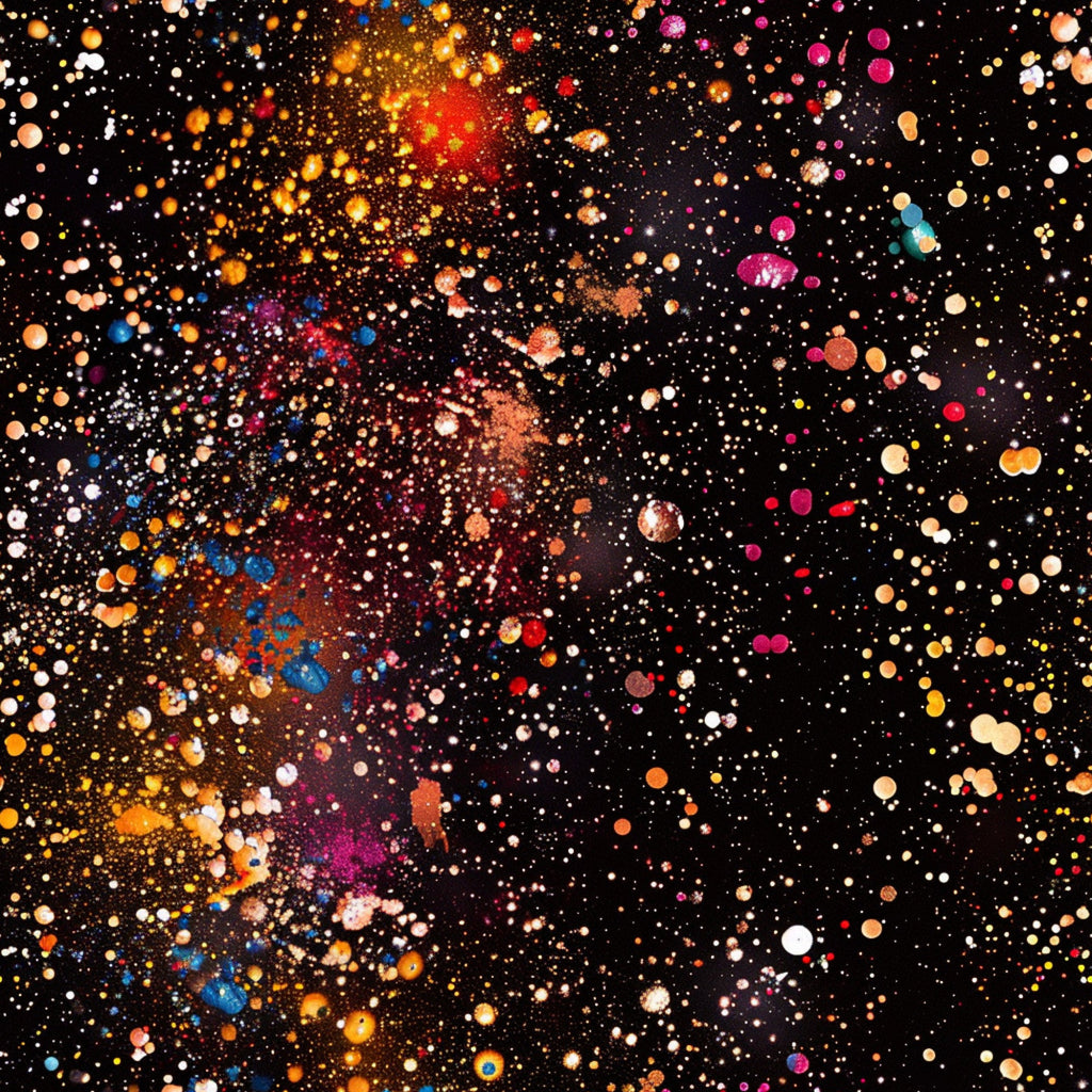 glitter, paint splatter, abstract pattern, multicolor, vibrant colors, orange, pink, blue, white, yellow, red, purple, black background, cosmic design, space-like, scattered dots, artistic splashes,, fabric panel, modern art style, celestial theme, sparkly effect