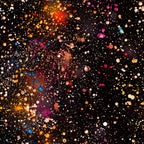 glitter, paint splatter, abstract pattern, multicolor, vibrant colors, orange, pink, blue, white, yellow, red, purple, black background, cosmic design, space-like, scattered dots, artistic splashes,, fabric panel, modern art style, celestial theme, sparkly effect
