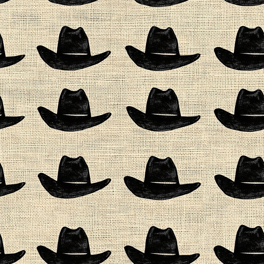 black cowboy hats, cream background, burlap texture, western theme, repeating pattern,, fabric panel, cowboy accessories, ranch style, country motif, hat silhouettes, rustic design, western wear, outdoor lifestyle, americana, geometric arrangement, monochrome design, vintage western, rodeo inspired